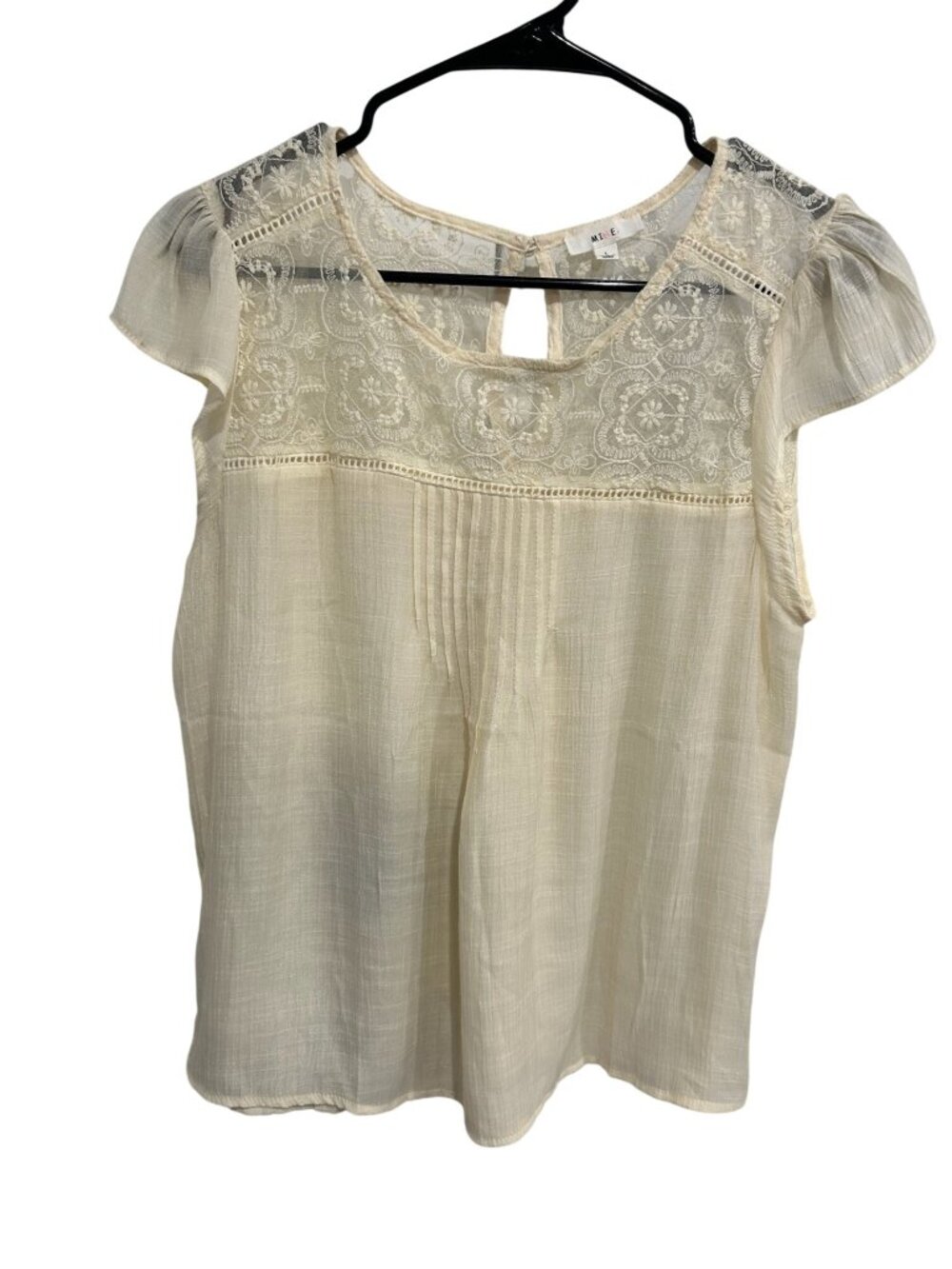 Mine Large Cream Lace Accent Cap Sleeve Blouse Pintuck Cottagecore Soft Girl